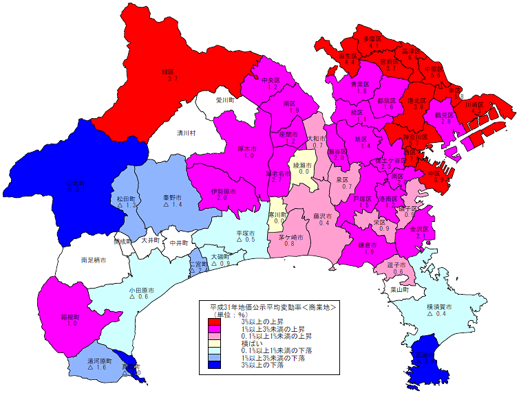 平成３１年 商業地 地価公示価格変動率 神奈川県 地図.png