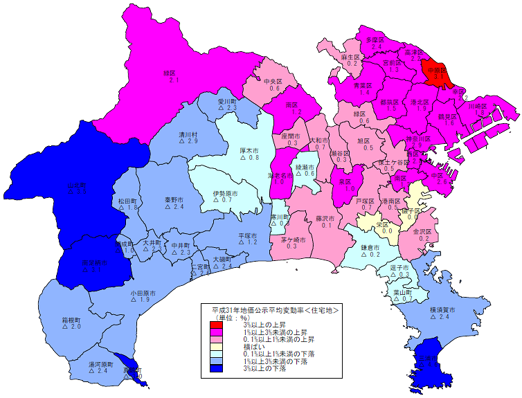 平成３１年 住宅地 地価公示価格変動率 神奈川県 地図.png